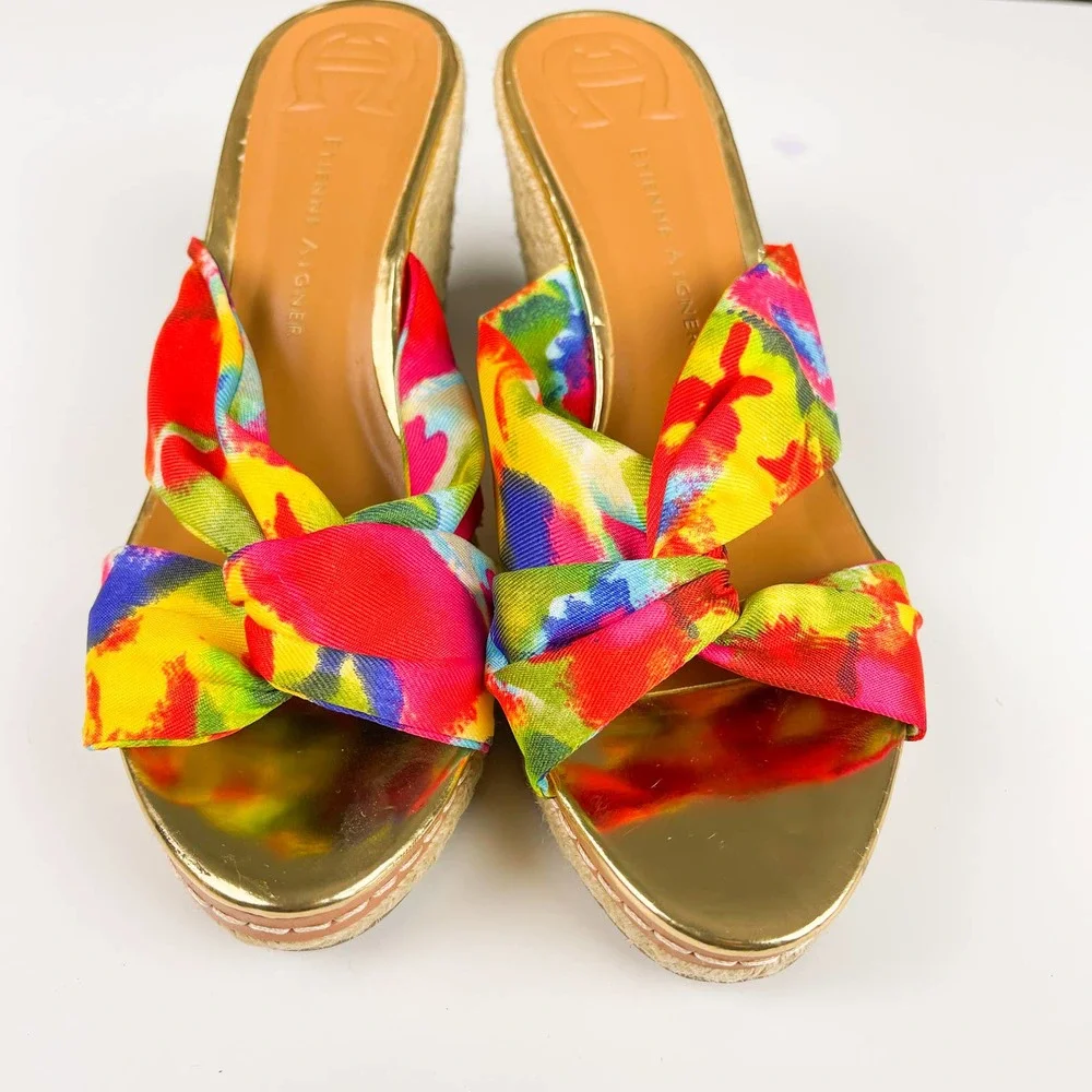 Etienne Aigner 8 Krista Watercolor Tie Dye Espadrille Wedge Sandals 3.5” Heel